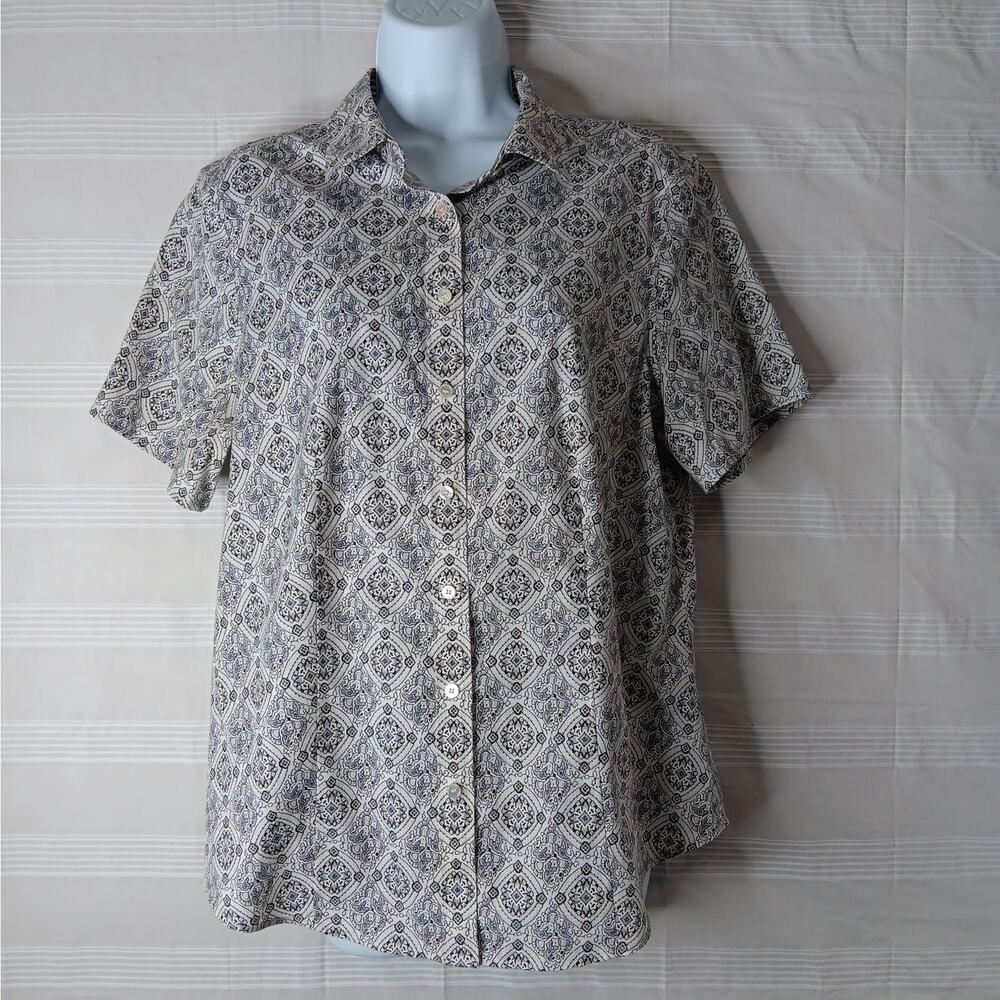 Talbots Black & White Print Wrinkle Resistant Short Sleeve Button Up Shirt Sz 12